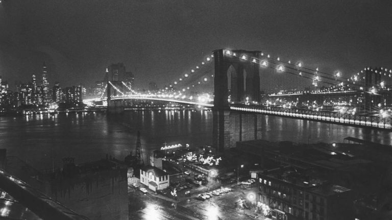 View of the Brooklyn Bridge and the New York City skyline as seen from Brooklyn on April 7, 1983.