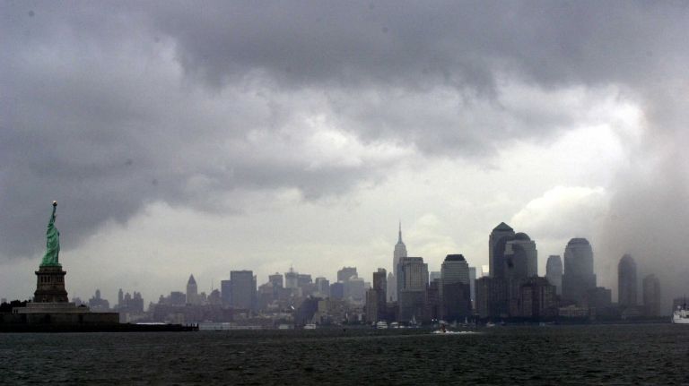 A cloudy day on the Hudson River with the Manhattan skyline missing the Twin Towers on Sept. 14, 2001, just days after the 9/11 terror attacks.
