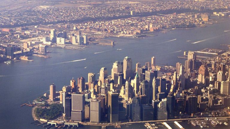 The view of lower Manhattan as seen from a commercial airplane on Thursday, Oct. 4, 2001, less than a month after the Twin Towers fell during the 9/11 terror attacks.