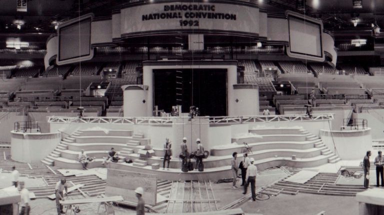 Workers build the stage for the Democratic National Convention at Madison Square Garden on July 7, 1992. 