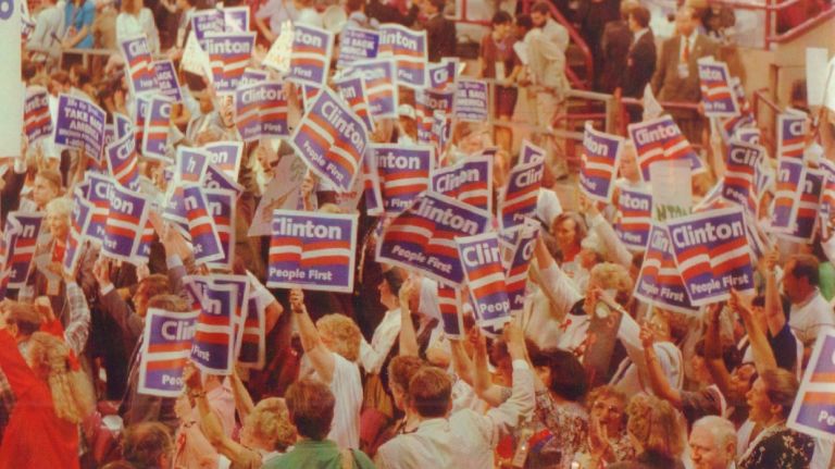 Bill Clinton supporters flood the floor of Madison Square Garden on July 13, 1992. 