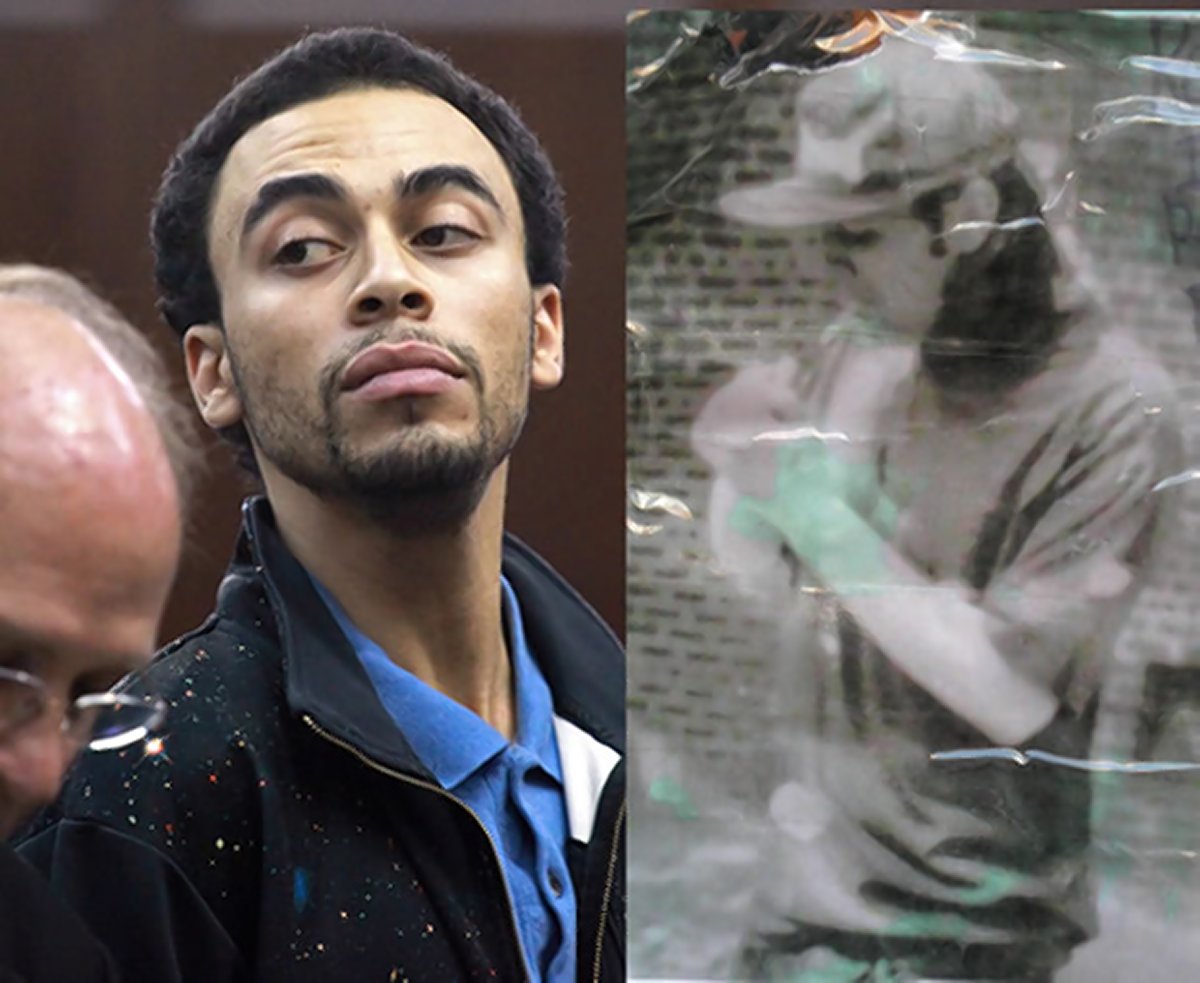 Jairo Pastoressa being arraigned in court in October 2010, left, for second-degree murder in the death of Christopher Jusko. After Jusko was slain at 272 E. Seventh St., a memorial photo of him, right, with a message saying he “will always be part of the Stuy Town Fam” was left outside the building. File photos by Jefferson Siegel, left, and Lincoln Anderson