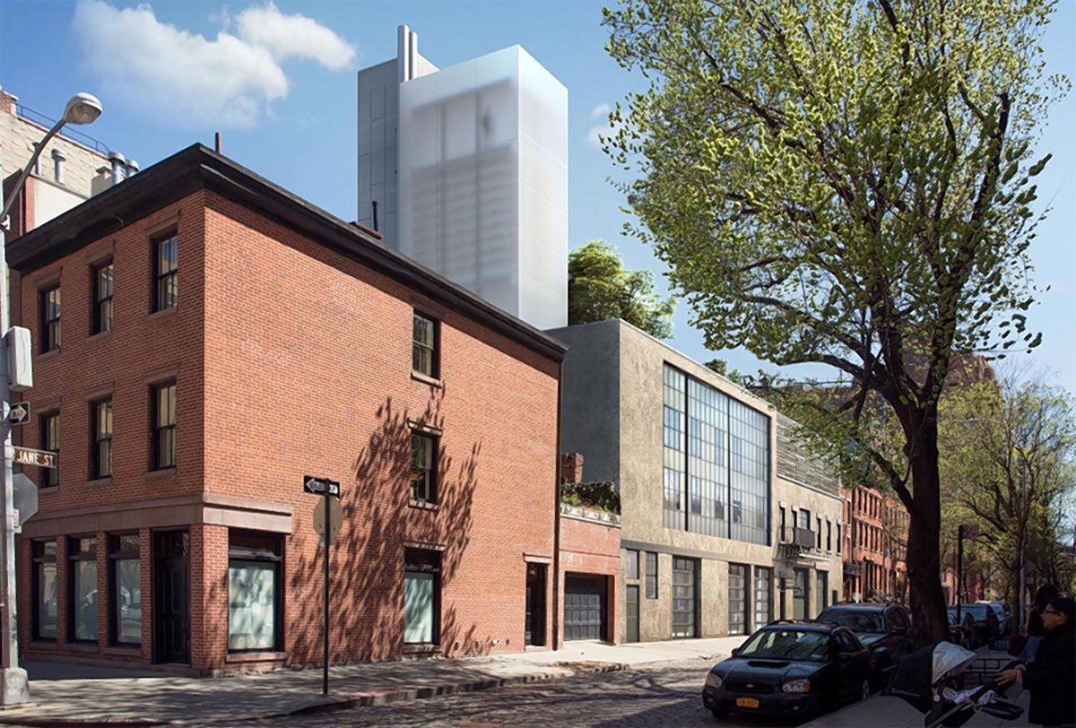 A rendering of the proposed design for 85-89 Jane St., featuring two towers, one sheathed in translucent glass. Community Board 2, in a May resolution opposing the project, said it was especially disturbed by the incongruous glass tower, saying it would be “a monolithic glow-in-the-dark presence on a quiet Village street.” Now the Landmarks Preservation Commission has also said the project is inappropriate.