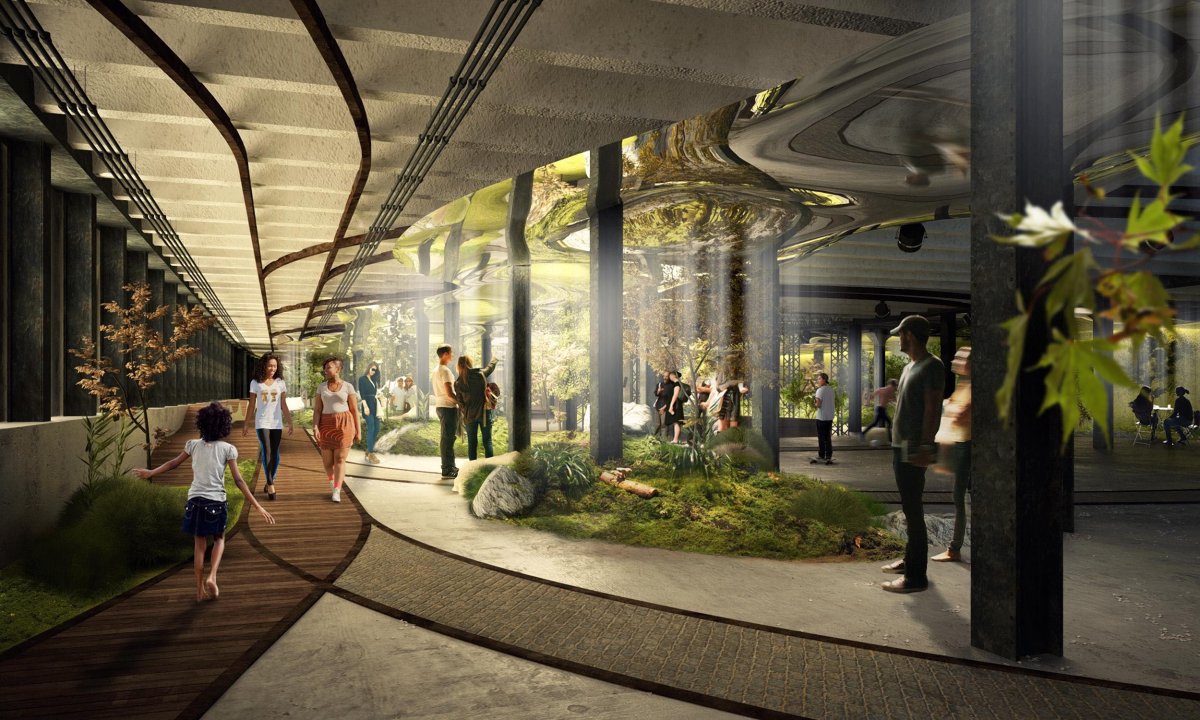 Courtesy NYC Economic Development Corporation A rendering of the Lowline underground park, with sunlight that is directed down into it by fiber-optic cables and then reflected around the space. 