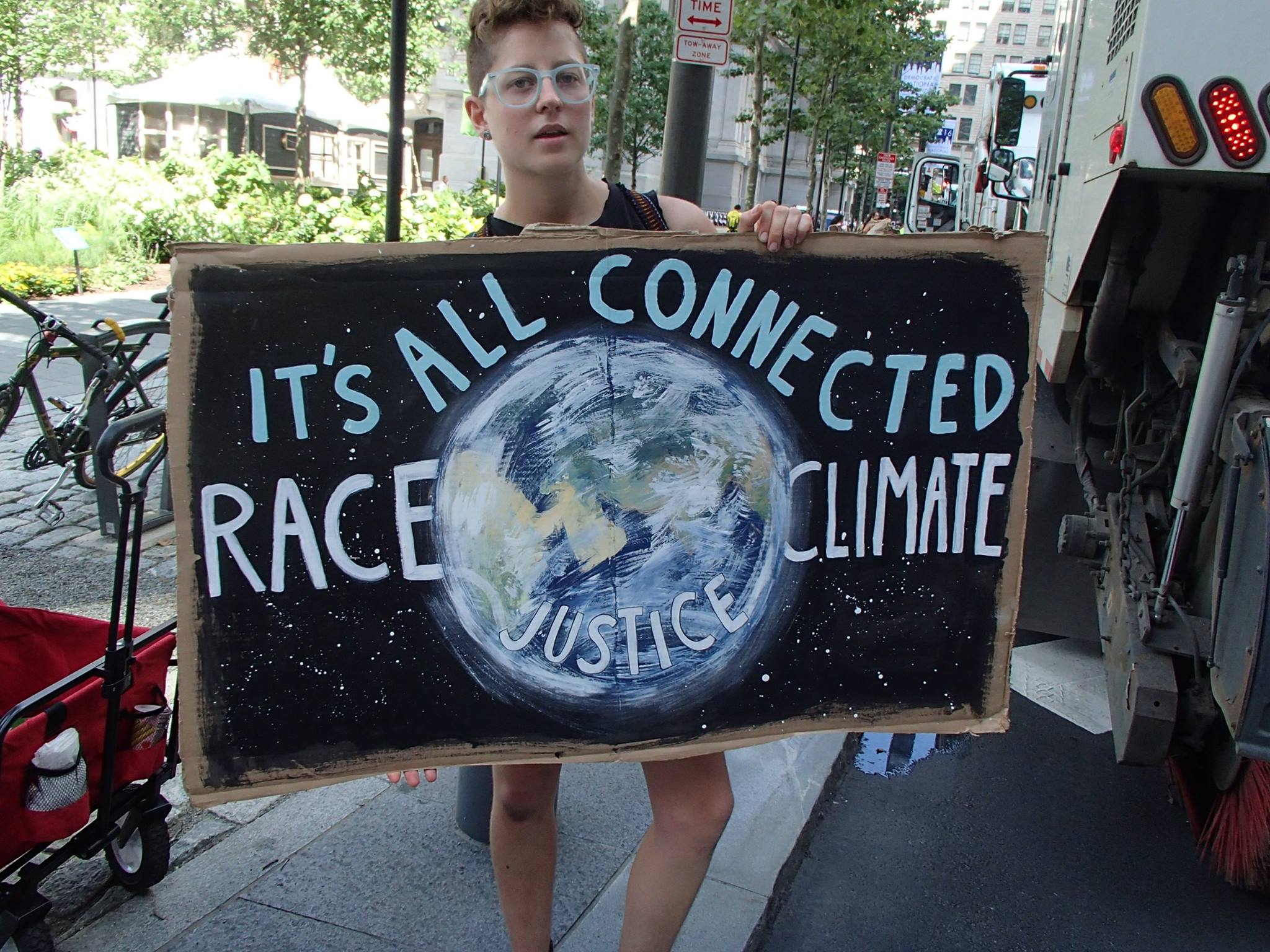 A demonstrator outside the Democratic National Convention on Monday. Photos by John Penley