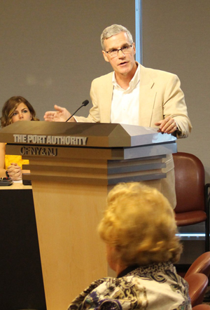 Photo by Bill Egbert In a surprise reversal, Michael Burke — who lobbied for years to move the damaged Sphere to the 9/11 memorial plaza — spoke in favor of relocating the iconic sculpture to Liberty Park, having given up hope of seeing it incorporated into the official memorial, but wanting it moved closer to the site of Ground Zero.