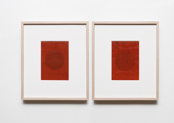 Gabriel de la Mora: Sound Inscriptions on Fabric 2 “B-135” (2015; vintage radio speaker fabric; 7 1/4 x 5 1/8 inches each).