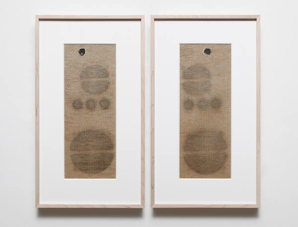 Gabriel de la Mora: Sound Inscriptions on Fabric 3 “B-196” (2015; vintage radio speaker fabric; 7 3/8 x 6 3/4 inches each).