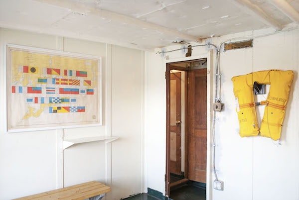 The ship never sails on Lilac’s living history 4 In the main gallery space, Adam Payne’s drawing “Hi Ho The Derry O The Cheese Stands Alone” and the life jacket “To Help Give Up The Ship.” Photo by Sam Monaco.