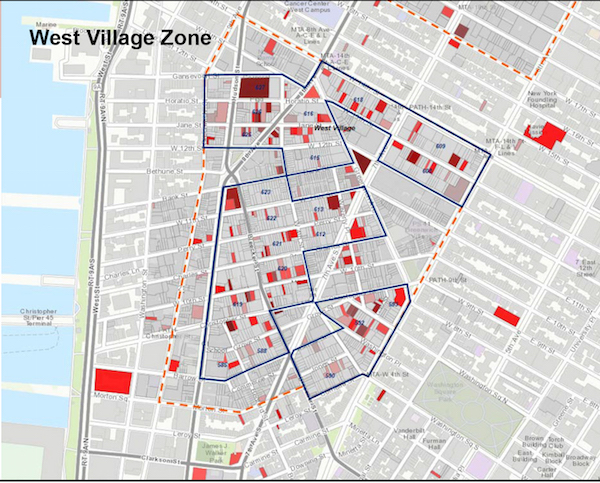 A map of rat activity in the West Village (the most heavily affected areas outlined in blue). Image courtesy D.O.H.M.H.