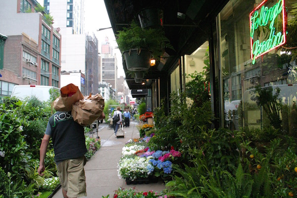 A florist carries his haul along W. 28th St., which starts to fill with wholesale shoppers around 5am most mornings. Photo by Yannic Rack.