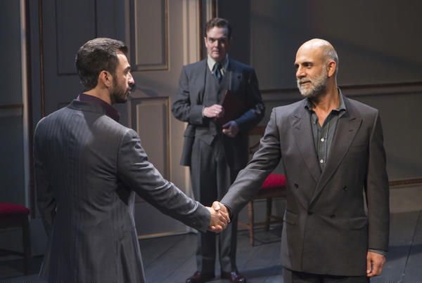 Michael Aronov and Anthony Azizi (foreground), and Jefferson Mays in J.T. Rogers’ “Oslo,” directed by Bartlett Sher, now at Lincoln Center’s Mitzi E. Newhouse Theater and opening up at the Vivian Beaumont in the spring. | T. CHARLES ERICKSON 