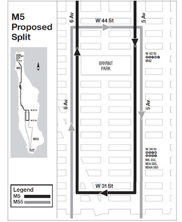 The MTA’s final plan for splitting the M5 bus route into new northern and southern routes, with a 13-block overlap between West 31st and 44th Streets. | METROPOLITAN TRANSPORTATION AUTHORITY 