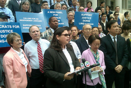 City Councilmember Rosie Mendez, flanked by State Assemblymember Deborah Glick and Councilmember Margaret Chin, at Tuesday’s rally protesting the Democratic Party’s snub of Justice Doris Ling-Cohan. | MANHATTAN EXPRESS