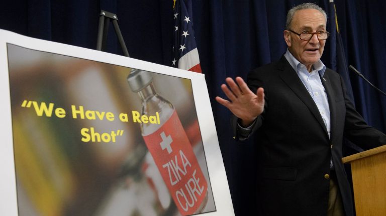 Sen.  Charles  Schumer calls on members of Congress   to pass a $1.9 billion emergency funding bill for a clinical trial of the vaccine to contain the Zika virus during a new conference in his Manhattan office on Sunday, Aug. 7, 2016. 