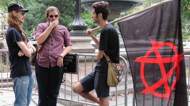 One protester in City Hall Park on Aug. 1, 2016, carried a flag symbolizing anarchy.