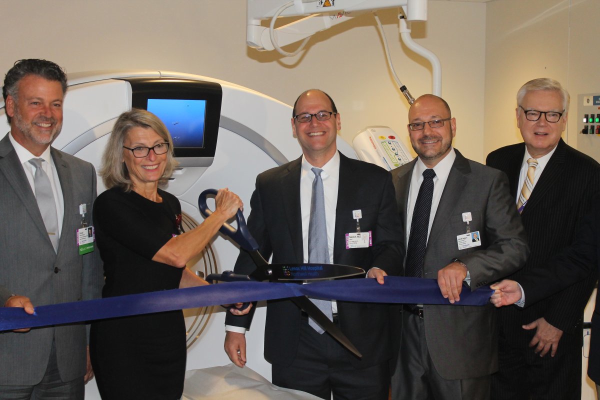 Cutting the ribbon at the L.H.G.V. imaging center, Northwell Health officials, from left, Dr. David Battinelli, chief medical officer; Cynthia Kubala, vice president of radiology; Dr. Jason Naidich, radiology department chairperson; Alex Hellinger, L.H.G.V. director; Dennis Connors, executive director of Lenox Hill Hospital.