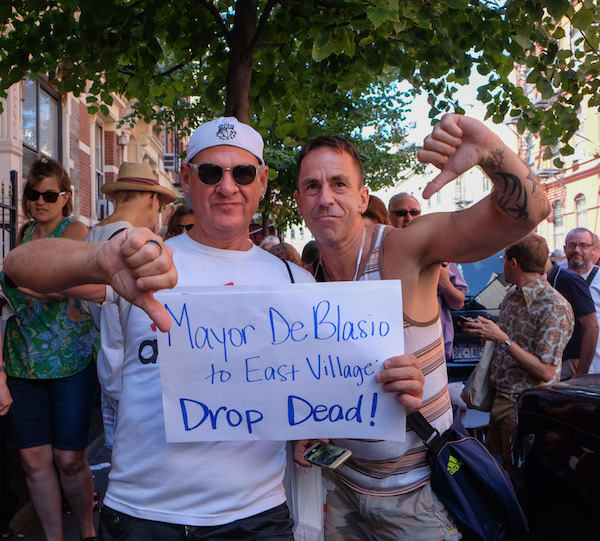 Villagers protest loss of affordable housing to de Blasio ‘ally’ 1 Protestors slammed Mayor Bill de Blasio for allowing a political donor to level five East Village apartment buildings. Photo by Tequila Minsky .