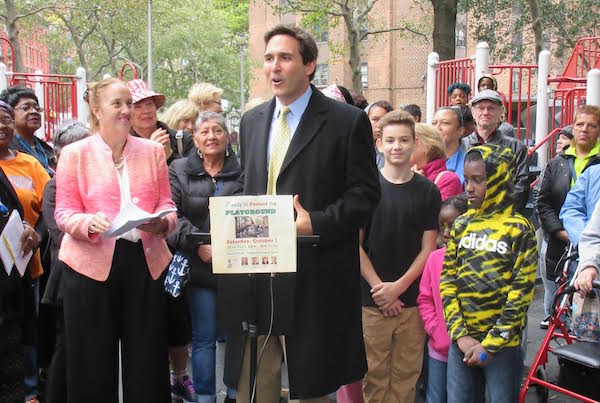 City Councilmember Ben Kallos speaks at a Holmes Towers rally on October 1, joined by other elected officials including, at left, Borough President Gale Brewer. | OFFICE OF CITY COUNCILMEMBER BEN KALLOS 