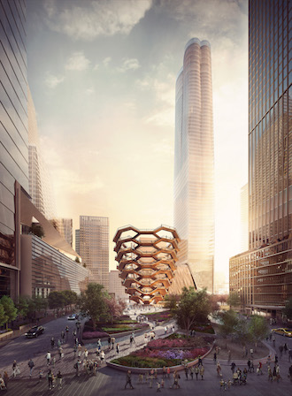 The public square and gardens, including the 150-foot Vessel, looking south from West 33rd Street. | FORBES MASSIE/ HEATHERWICK STUDIO 
