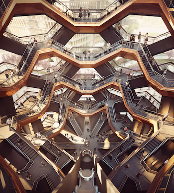 A rendering of the interior of the Vessel’s 154 flights of stairs, 80 landings, and nearly 2,500 steps, currently being built in Italy. | FORBES MASSIE/ HEATHERWICK STUDIO 