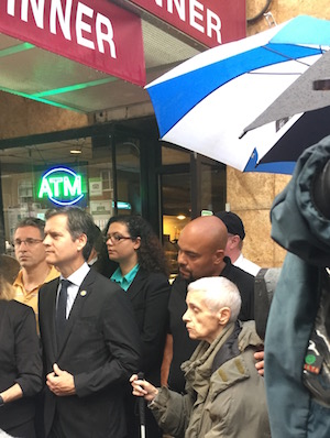 Barbara Police and NY State Senator Brad Hoylman (foreground) at a Sept. 19 press conference organized by Congresswoman Carolyn Maloney, held outside the Malibu Diner. Photo by Eileen Stukane.
