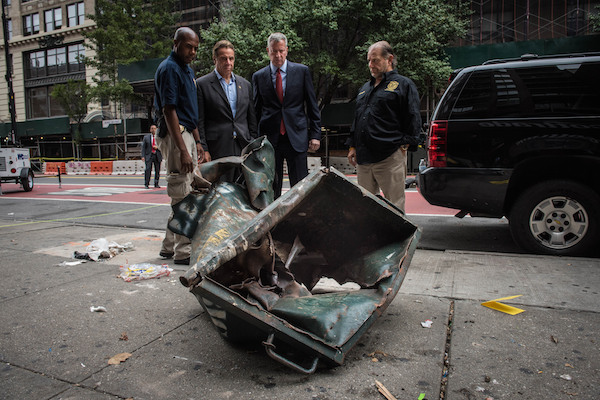 The rolling dumpster believed to be the point of origin for an explosion that shattered nerves in West Chelsea, at approx. 8:30 p.m. on Sat., Sept. 17. Photo by Michael Appleton, Mayoral Photography Office.