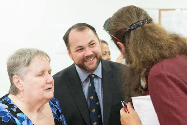 L to R: Joyce Carrico, President of the Selis Manor Tenants Association, Councilmember Corey Johnson, and Chelsea Now reporter Eileen Stukane, at Selis Manor on Tues., Sept. 20. Photo by Daniel Kwak.