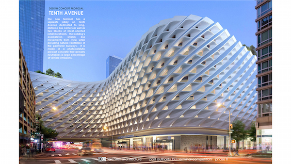 The honeycomb wave plan goes beyond PA-owned land, using eminent domain to seize property on the north side of W. 40th St., west of Ninth Ave. Inside a public elevator goes to a rooftop park and a passage-way links W. 42nd St. to Hudson Boulevard Park. Image courtesy Port Authority /Archilier Architecture Consortium.