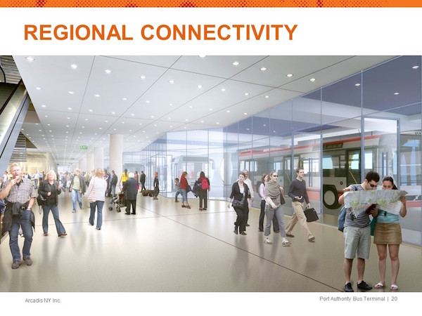 Arcadis holds to the PA-owned land and creates a higher-capacity terminal that turns an existing Greyhound tunnel into an underground pedestrian passageway to 7th & 8th Ave. subways and Times Square. An elevated pedestrian plaza over Dyer Ave. allows entry to the bus terminal and the Number 7 subway. Courtesy Port Authority / Arcadis of NY, Inc.