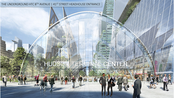 This completely underground terminal stays within PA-owned land. Although renderings show sunlight pouring into the glass-arched main entrance, one wonders whether descending New Yorkers and commuters might be subject to a mole-like mood similar to the one cast by the current Penn Station. Image courtesy Port Authority / Hudson Terminal Center Collaborative.