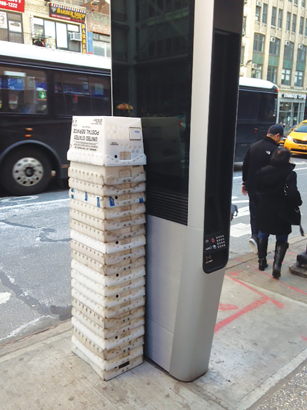 Loss of Kiosk Web Browsing Buoys Quality of Life, Widens Digital Divide 1 John A. Mudd of the Midtown South Community Council said people were stacking up USPS crates to use them as chairs, as seen here at W. 40th St. & Eighth Ave. Photo by John A. Mudd.
