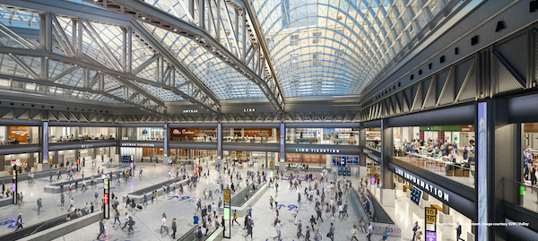 The Moynihan Train Hall will host Long Island Railroad and Amtrak services, easing congestion at the underground facilities at Penn Station. Image courtesy Skidmore, Owings, and Merrill.