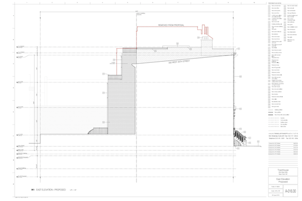 LPC Ruling Latest Clash in Effort to Preserve Chelsea’s Character 3 A view of the revised plans for 334 W. 20th St. (original proposal outlined in red). The third floor extension pictured will not be included in construction going forward, though the controversy-sparking first and second floor extension will remain. Courtesy Landmarks Preservation Commission.