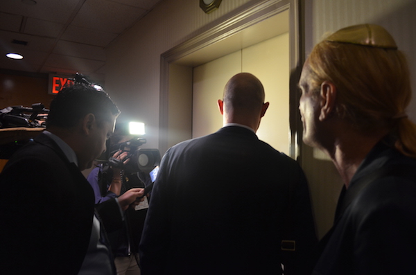 DHS Ducks Capacity Crowd as CB5 Cuts Shelter Info Session Short 4 Department of Homeless Services Assistant Commissioner Matthew Borden turns his back on the public. Photo by Alex Ellefson.