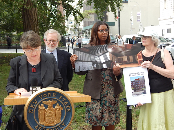 L to R: Fern Luskin, State Assemblymember Richard Gottfried, Public Advocate Letitia James, and Julie Finch spoke out against the fifth-floor addition to the Hopper-Gibbons House. Photo by Sean Egan.