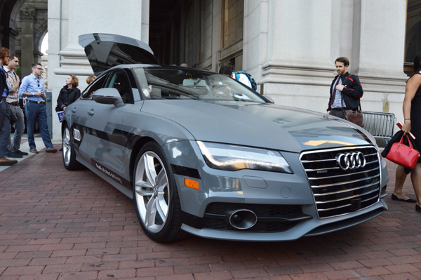 Photo by Jackson Chen Audi’s A7 driverless prototype parked outside the David N. Dinkins Municipal Building on Sept. 27.