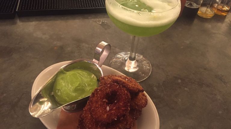 The Smith in NoMad showed us how to make eggplant rings with basil aioli and Vanguard cocktails.