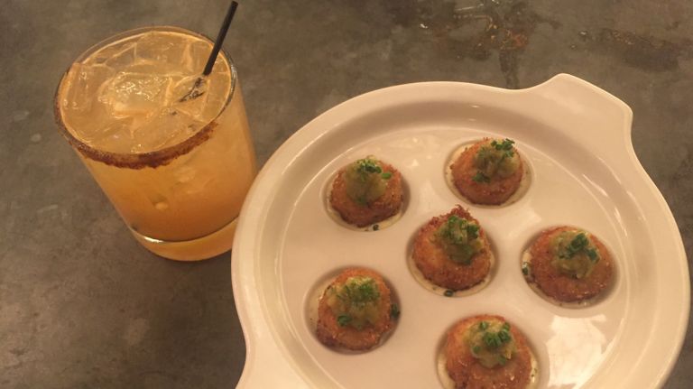 The Smith in NoMad showed us how to make crabcake tots and the Smoke 'Em If You Got 'Em mezcal cocktail.