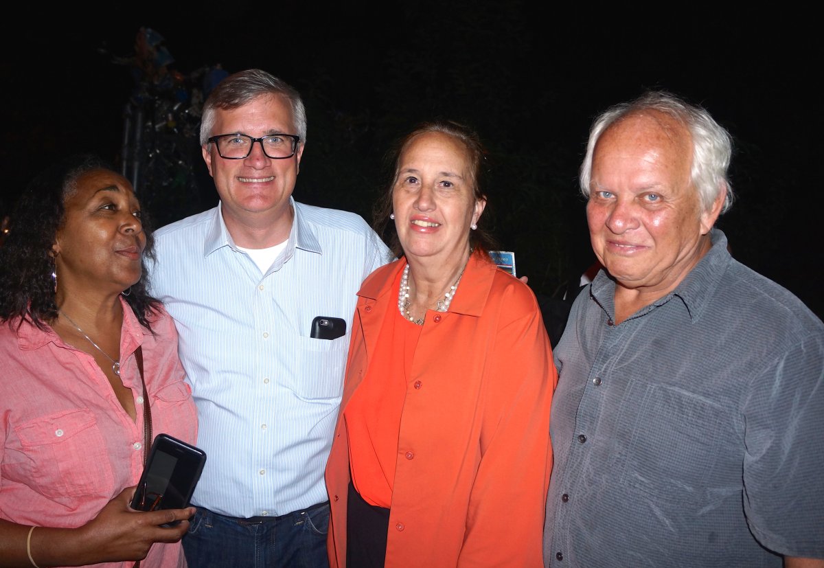 In La Plaza Cultural at the kickoff of the LUNGS Harvest Festival, from left, garden activist Ayo Harringon, Assemblymember Brian Kavanagh, Borough President Gale Brewer and garden activist Charles Krezell. Photo by Sarah Ferguson