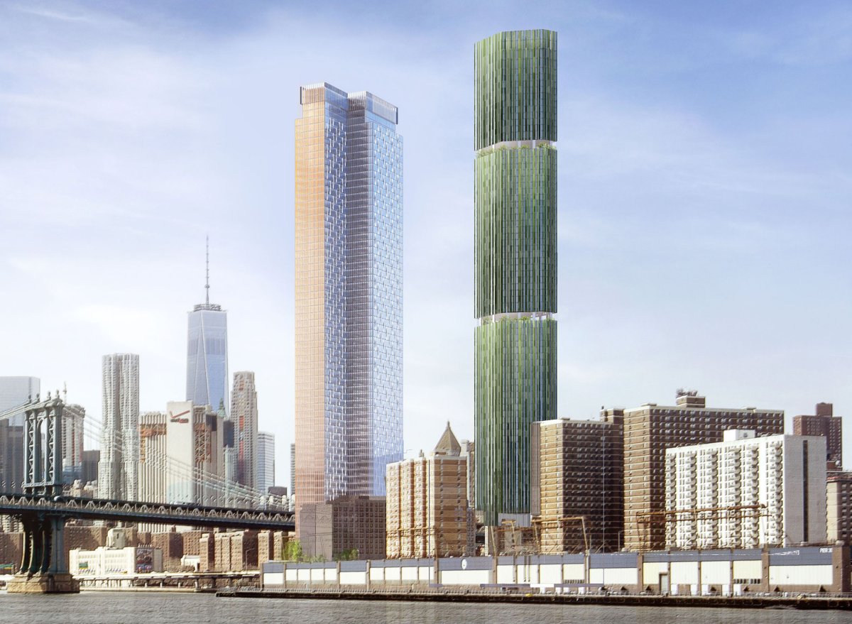 A design rendering showing the planned 77-story 247 Cherry St. tower, at right, and Extell’s 80-story One Manhattan South, currently under construction, at left.