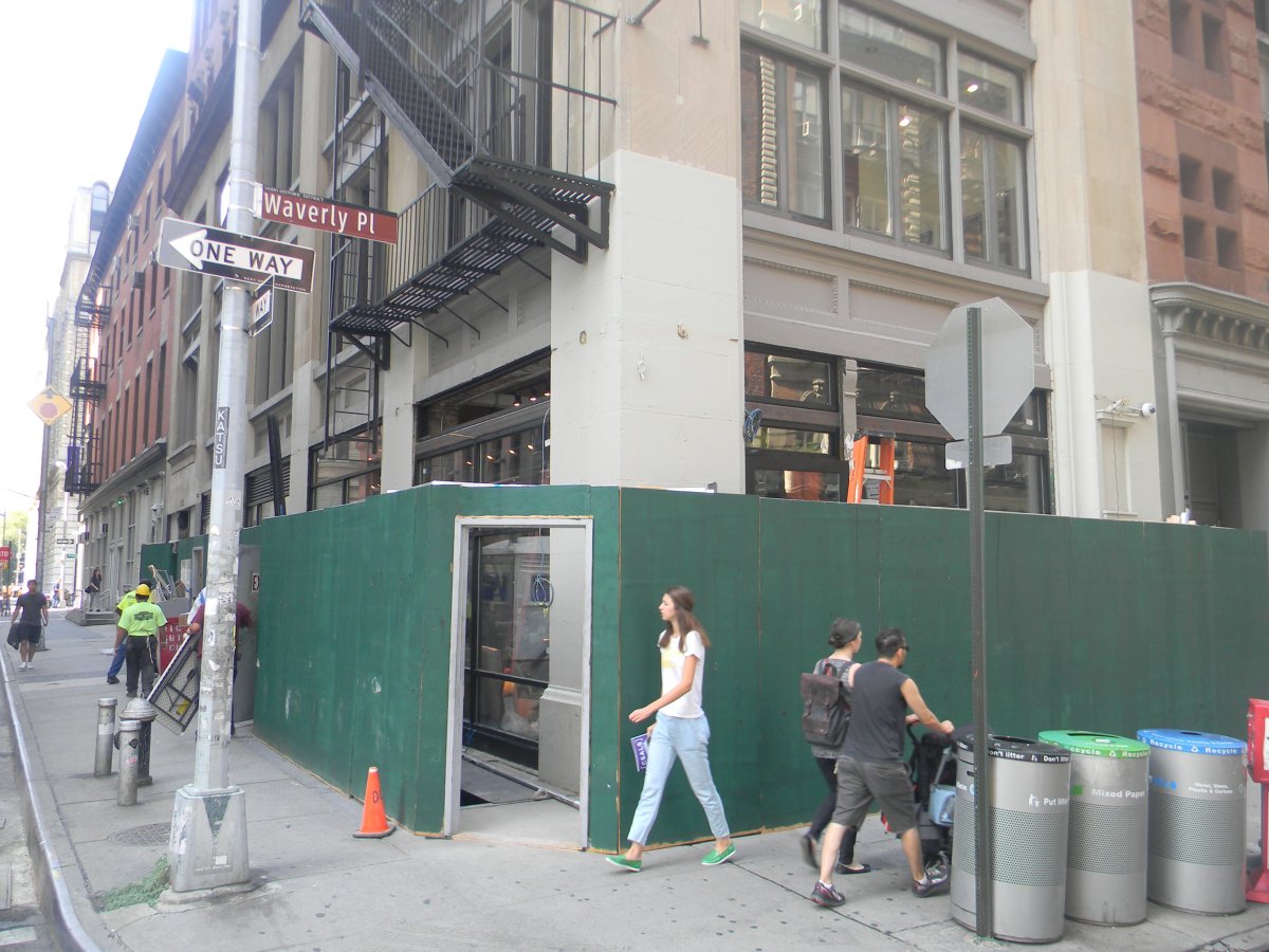 The ground-floor space at the southwest corner of Waverly Place and Mercer St. is being renovated for a Starbucks, which replaces Brad’s, a small, independent cafe.  Photo courtesy G.V.S.H.P.
