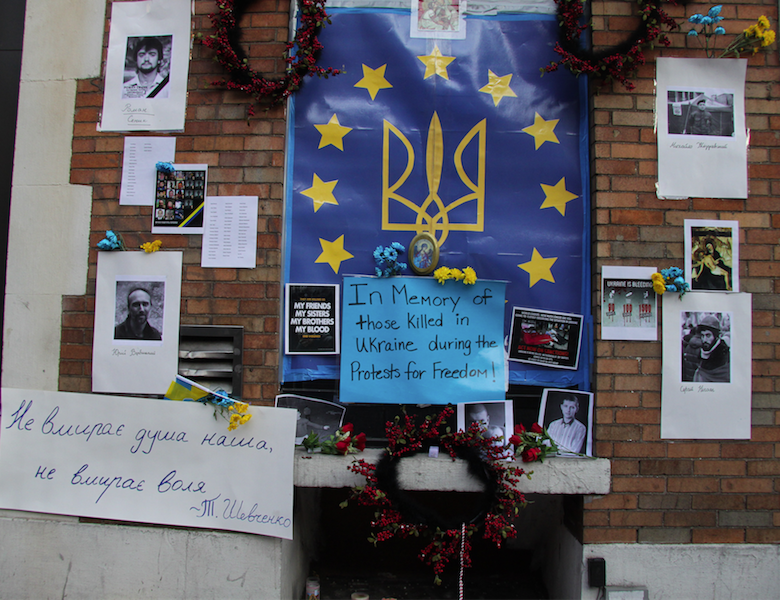 War in Ukraine: The view from the East Village 2 The memorial no Second Ave., showing the Ukrainian trident symbol and national colors.