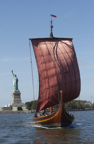 Norse Cove: Viking ship lands at BPC's North Cove Marina 2 Getty / Thos Robinson Draken Harald Harfagre sailed past Lady Liberty on its way to North Cove Marina.