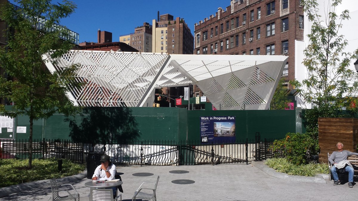 The new N.Y.C. AIDS Memorial is under construction at the western end of the former St. Vincent’s Triangle. Photo by Lincoln Anderson