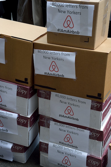 Boxes of what Airbnb supporters said are 80,000 letters from New Yorkers endorsing the benefits of home-sharing. | DONNA ACETO 