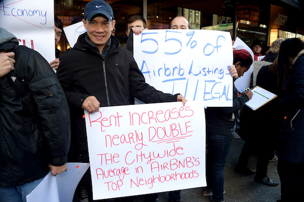 At an October demonstration, New Yorkers opposed to Airbnb charged that home-sharing drives up the cost in the city. | DONNA ACETO 
