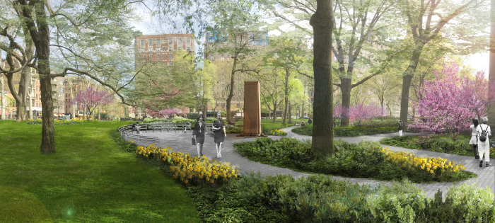 CB7 Approval in Hand, Natural History Museum Expansion Heads to Landmarks 2 A view of Teddy Roosevelt Park looking toward the Nobel Monument from the south. | AMERICAN MUSEUM OF NATURAL HISTORY