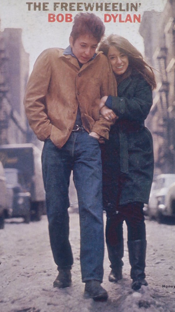 Part of the image from the famous 1963 Bob Dylan album cover, featuring the singer and Suze Rotolo, walking at Jones and W. Fourth St. near where they lived. Photo by Don Hunstein