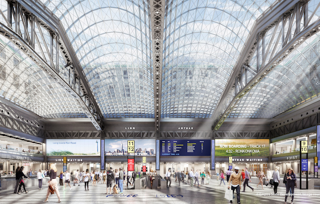 The Moynihan Train Hall will host ticketing and waiting facilities for the Long Island Rail Road and Amtrak, easing congestion at the underground facilities at Penn Station. | SKIDMORE, OWINGS, AND MERRILL